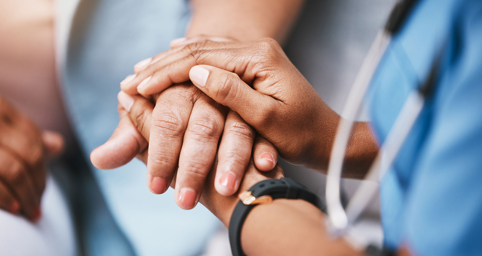 Empathy, trust and nurse holding hands with patient for help, support and support and healthcare advice. Kindness, counseling and medical therapy in nursing home for hope, consultation and psychology
